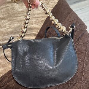 Zara Black Leather Shoulder Bag with Silver Beaded Strap